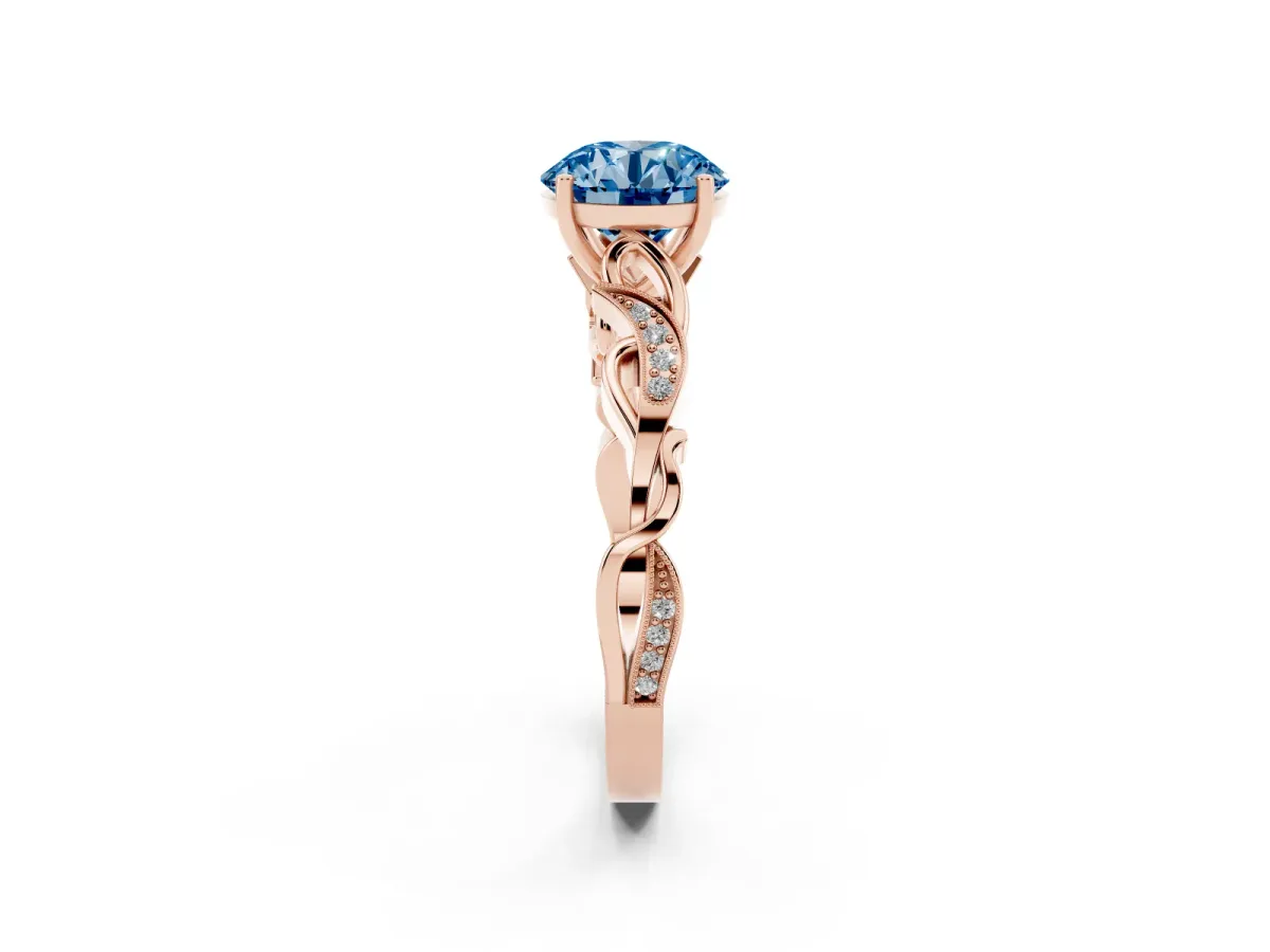 Fancy Blue Round Cut Solitaire Vine Band with Milgrain Prong Setting Rose gold
