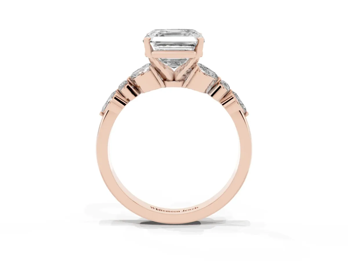 Asscher Cut Diamond Solitaire Ring with Side Stones and Four-Prong Setting Rose gold