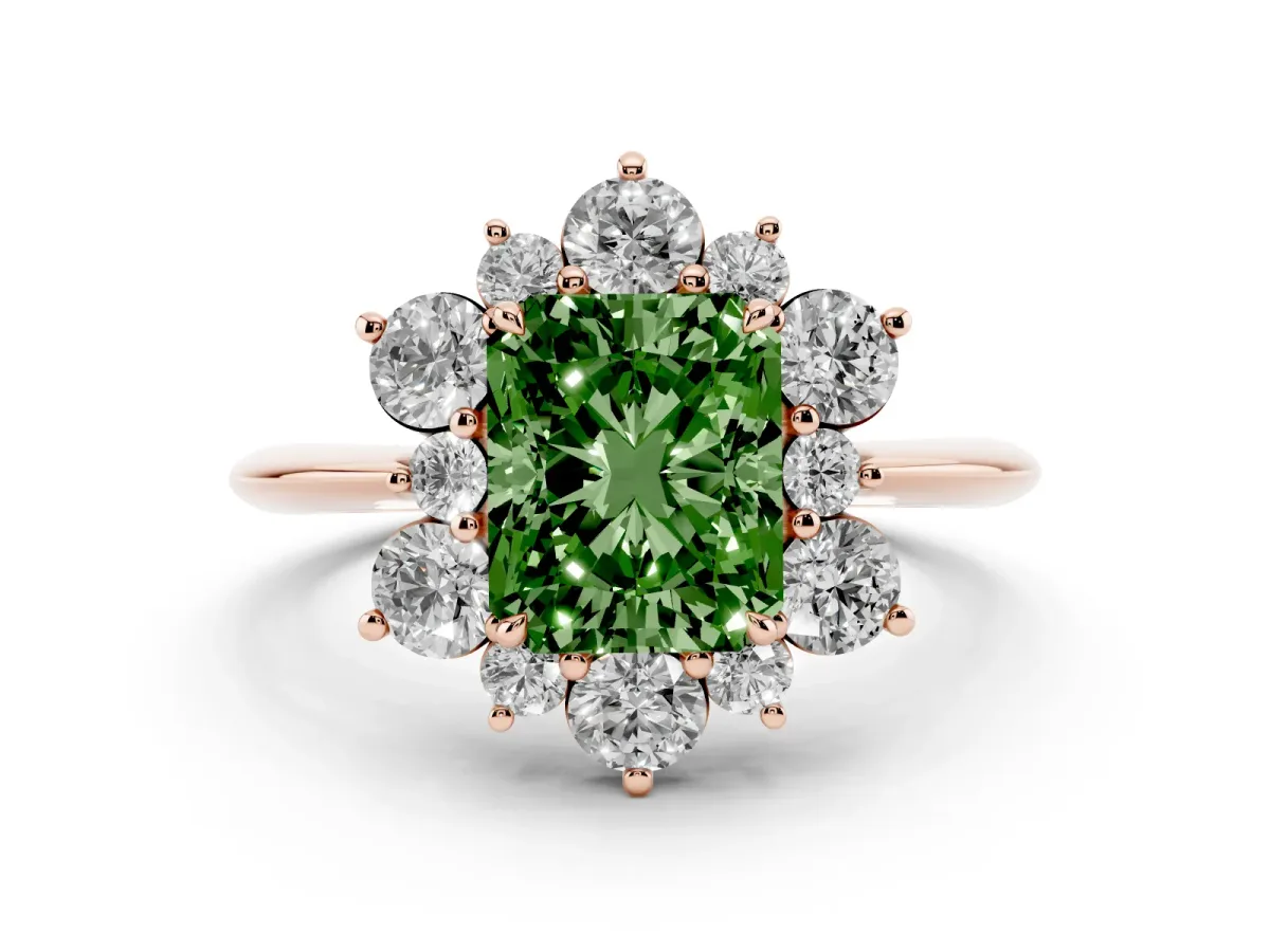 Fancy Green Radiant Cut Diamond Cluster Halo Ring with Solitaire Band and Four-Prong Setting Rose gold