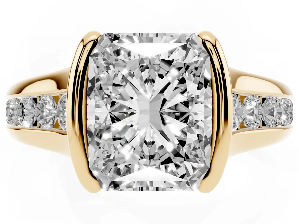 Radiant Cut Solitaire Bezel-Set Diamond Ring with Channel-Set Band Yellow gold