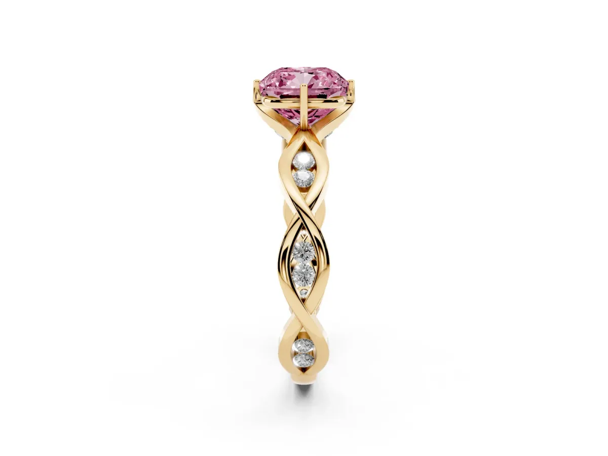 Fancy Pink Cushion Cut Solitaire Twist Band with Leaf Prong Setting Yellow gold