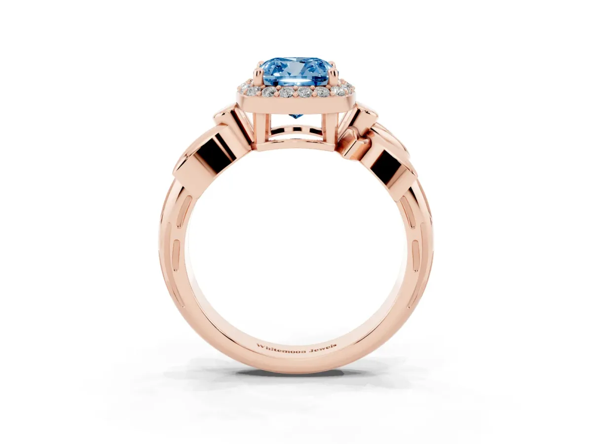 Fancy Blue Cushion Cut Halo Diamond Floral Band with Four-Prong Setting Rose gold