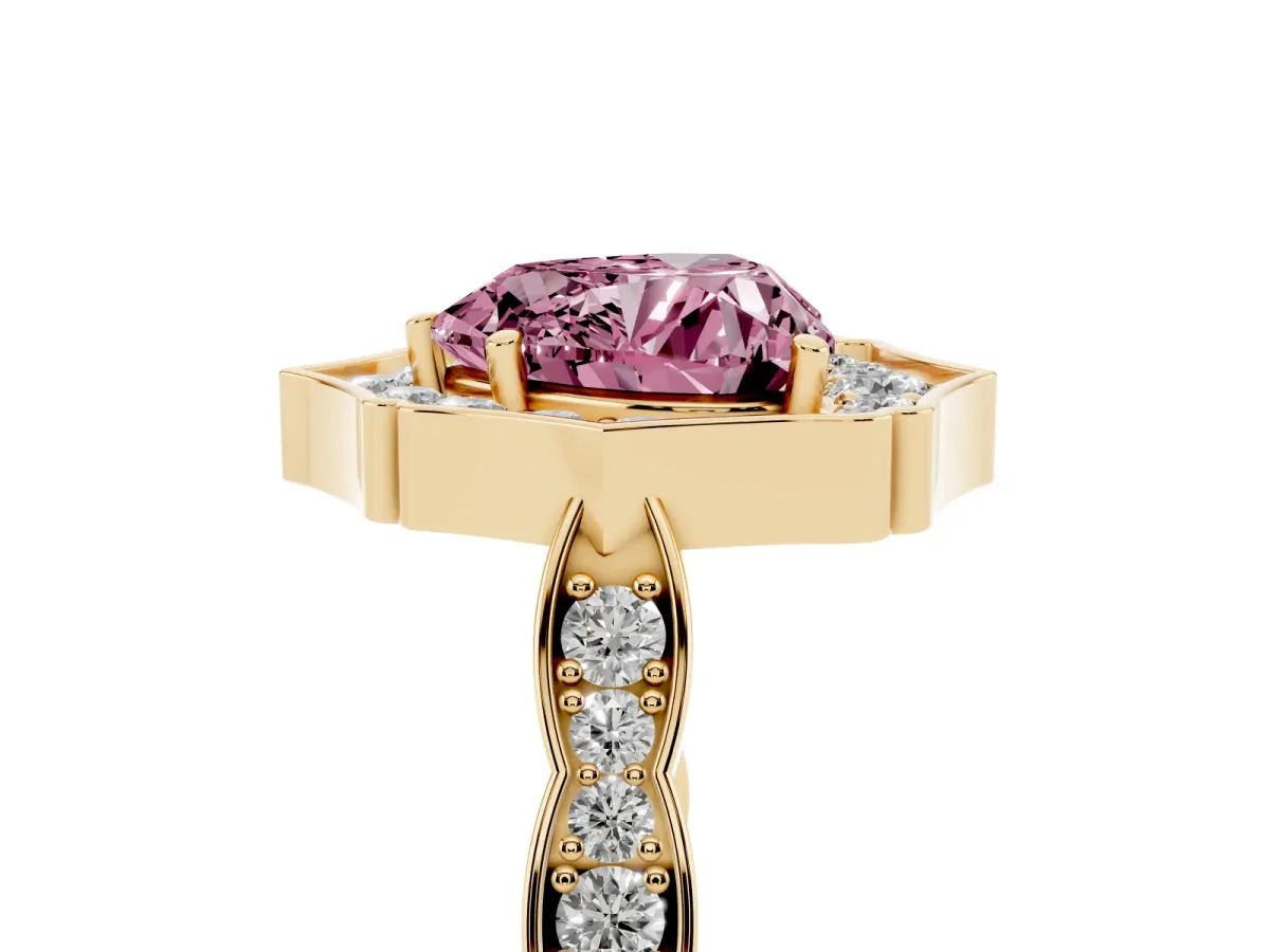 Fancy Pink Heart Cut Halo Diamond Engagement Ring with Milgrain Band and Four-Prong Setting Yellow gold