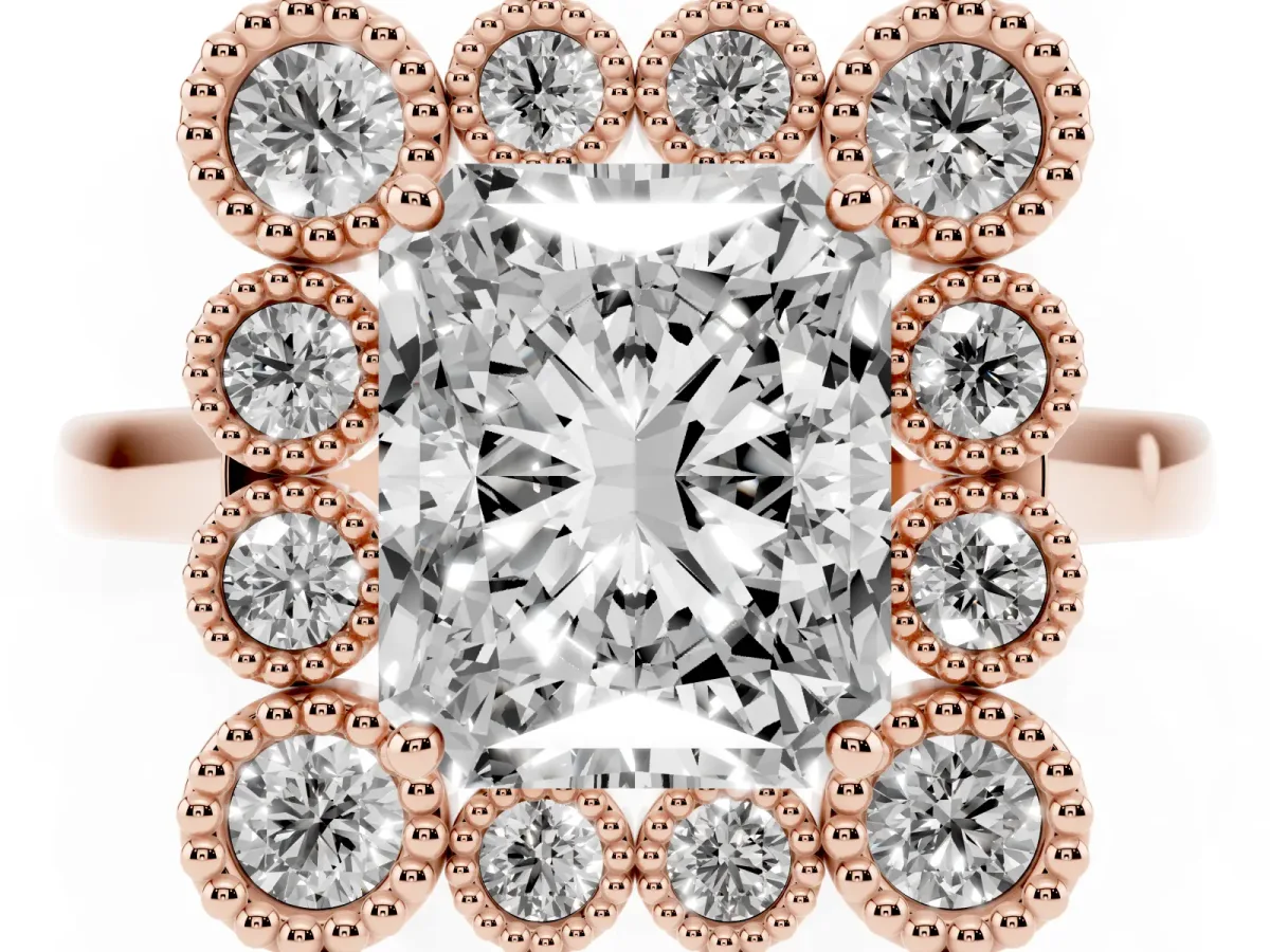 Radiant Cut Halo Diamond Cluster Engagement Ring with Milgrain Bezel Setting and Solitaire Band Rose gold