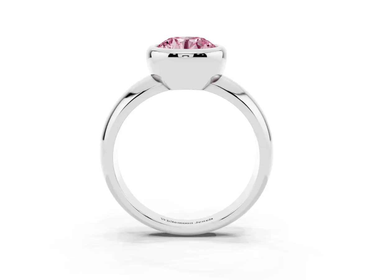 Fancy Pink Bezel Set Round Cut Solitaire Ring with Wide Band White gold