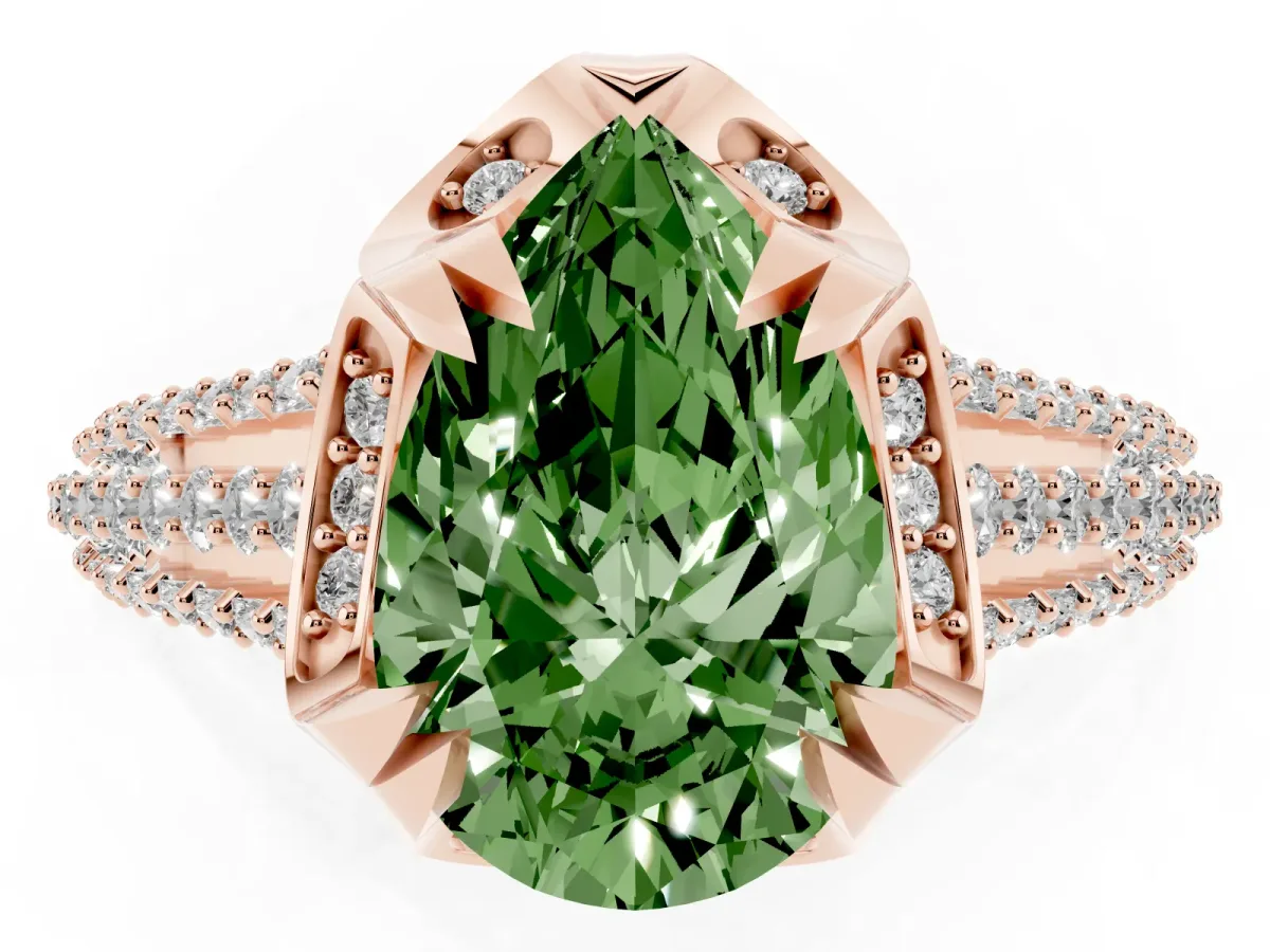 Fancy Green Pear Cut Solitaire Pave Split Shank Ring with Four-Prong Setting Rose gold