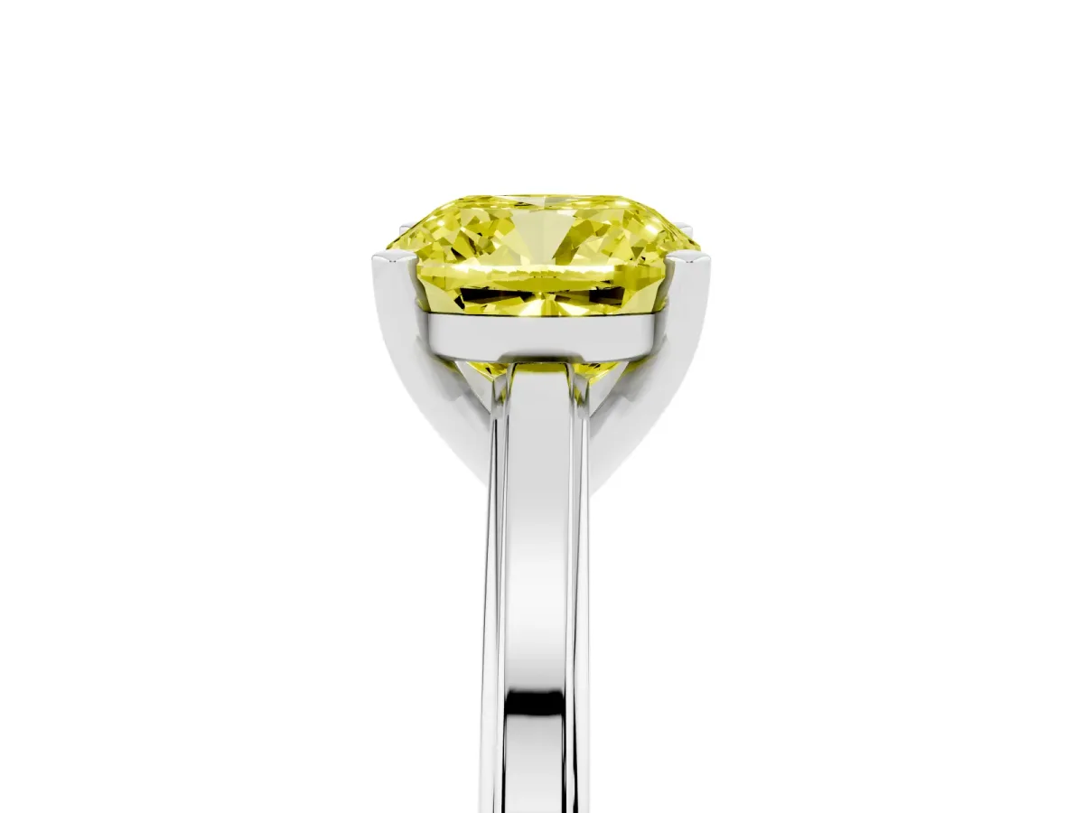 Fancy Yellow Cushion Cut Solitaire Diamond Ring with Four-Prong Setting and Classic Band Silver