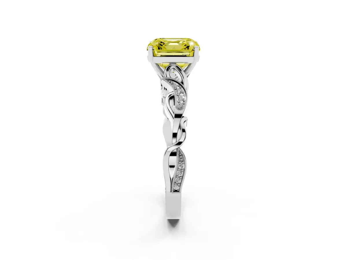 Fancy Yellow Asscher Cut Solitaire Vine Band with Milgrain Prong Setting Platinum