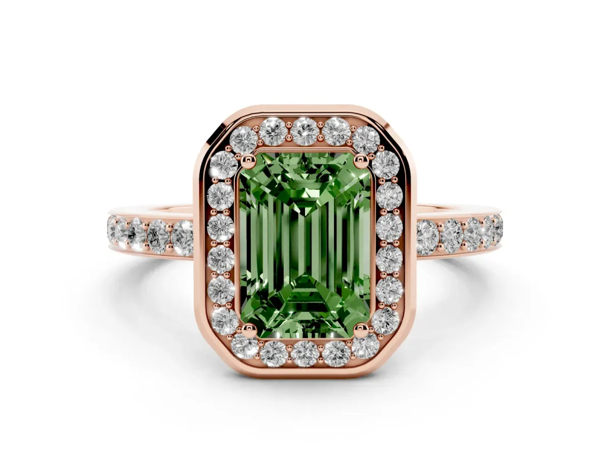 Fancy Green Emerald Cut Diamond Halo Ring with Bezel Frame and Pavé Band Rose gold