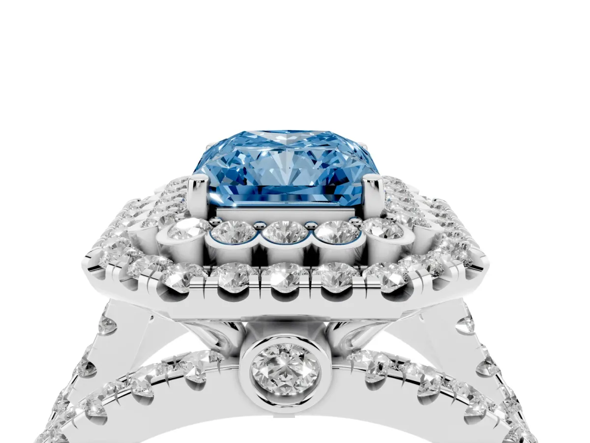 Fancy Blue Radiant Cut Diamond Double Halo Ring with Round Pavé Split Shank and Prong Setting Silver