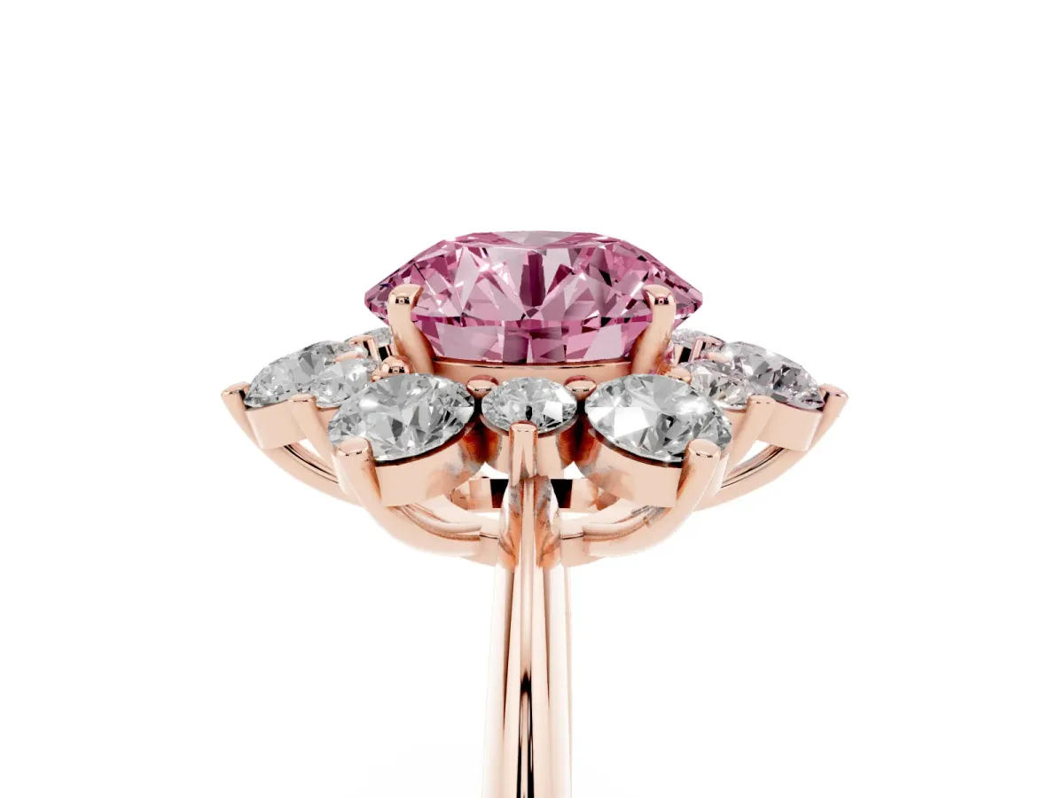 Fancy Pink Round Cut Diamond Cluster Halo Ring with Solitaire Band and Four-Prong Setting Rose gold