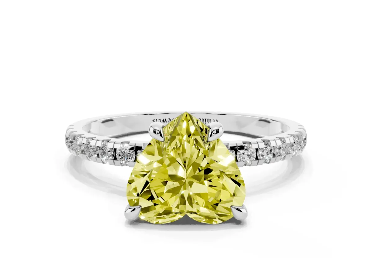 Fancy Yellow Heart Cut Diamond Brilliant Solitaire Ring with Pavé Band and Four-Prong Setting Platinum