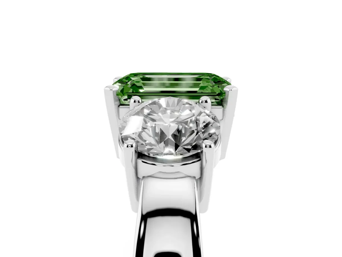Fancy Green Three-Stone Emerald Cut Diamond Ring with Round Side Stones, Classic Band, and Four-Prong Setting Silver