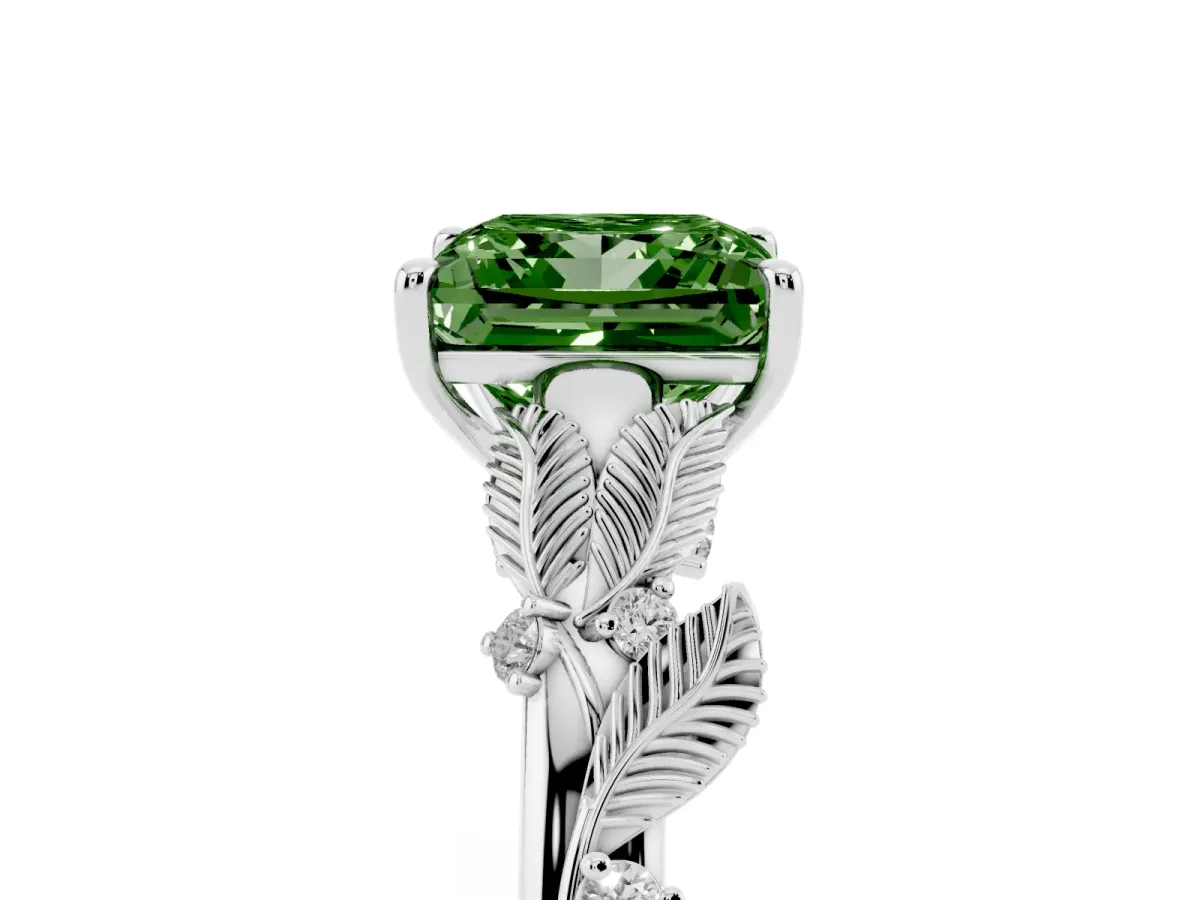 Fancy Green Princess Cut Diamond Solitaire Ring with Leaf Motif Band and Four-Prong Setting Silver