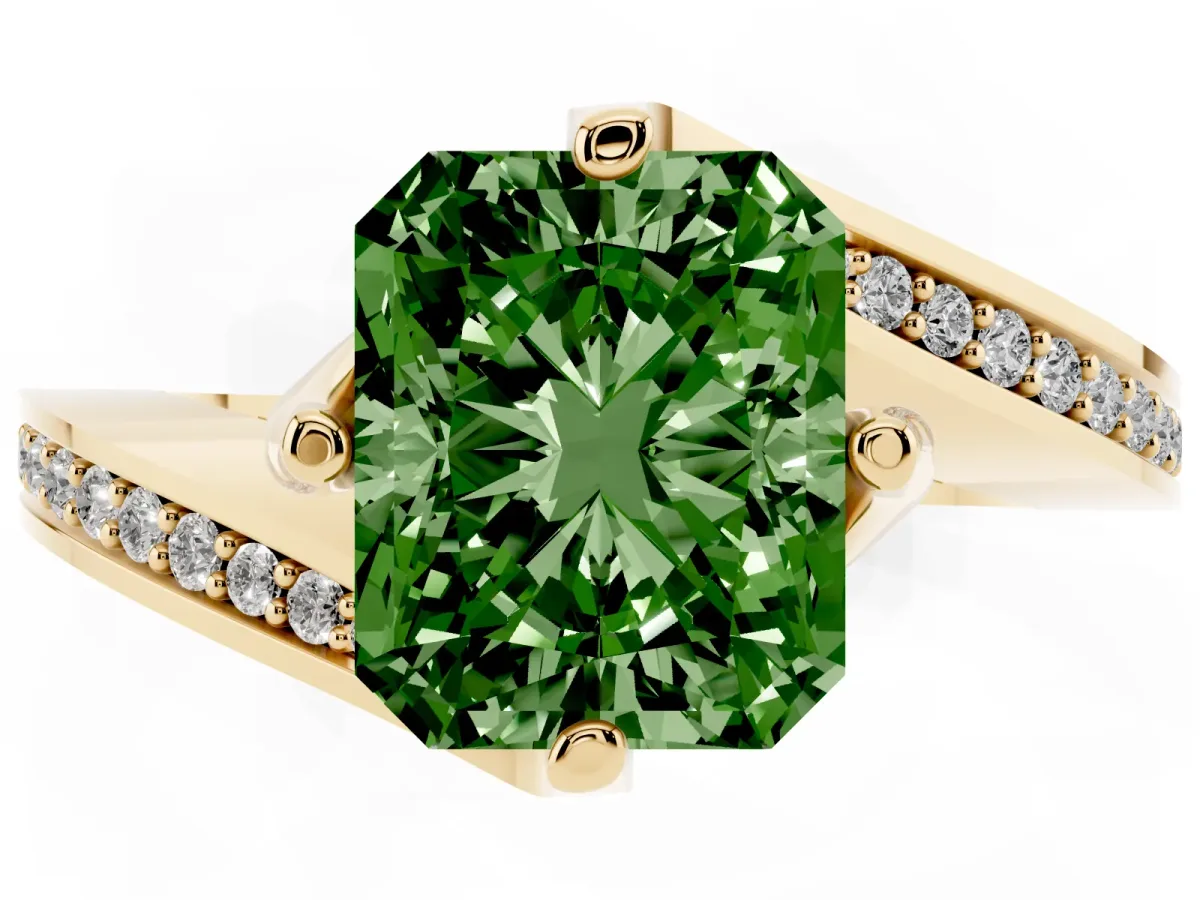 Fancy Green Radiant Cut Solitaire Diamond Twist Band with Pavé Setting and Four-Prong Setting Yellow gold