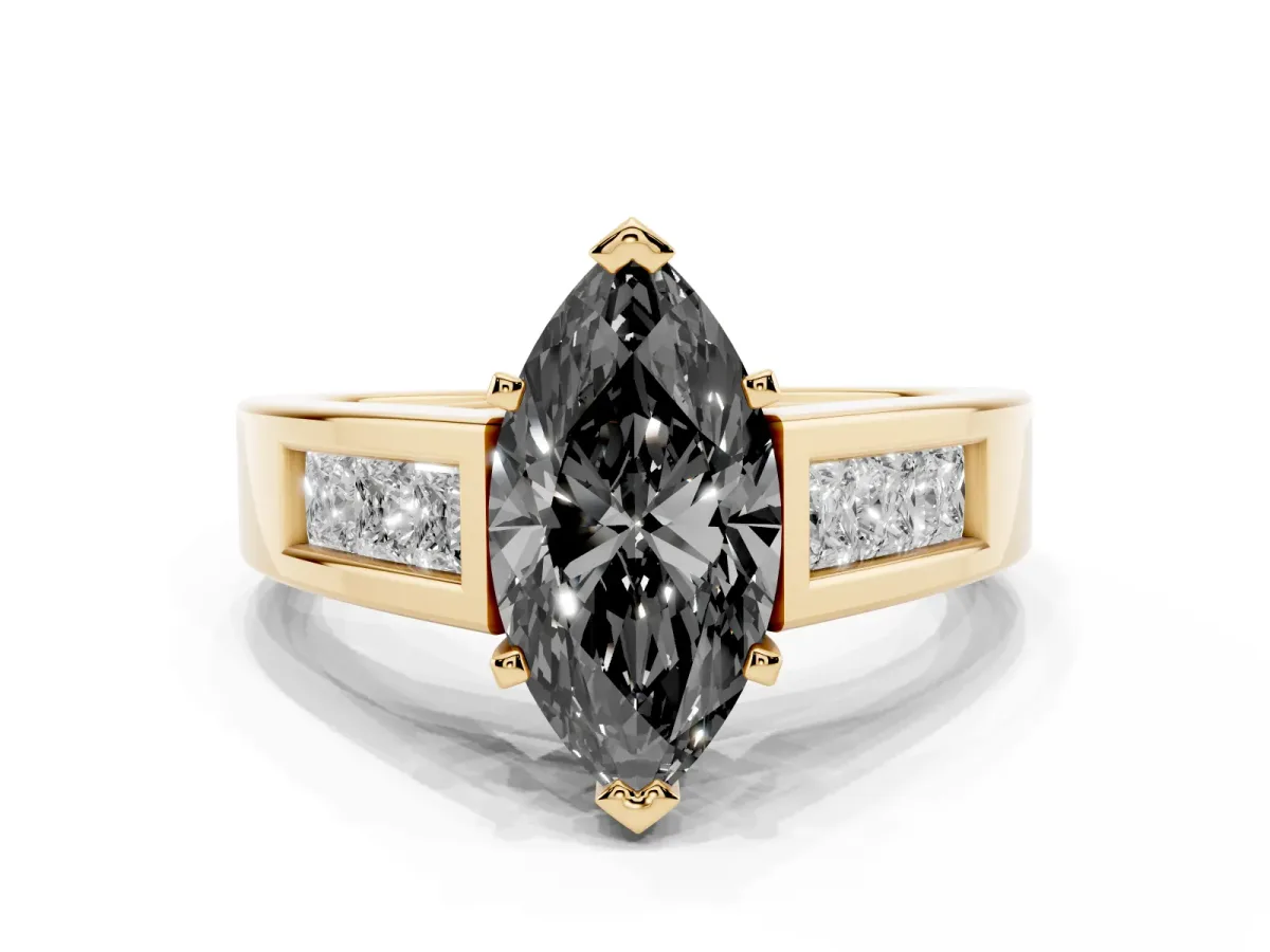 Fancy Black Marquise Cut Cut Channel Set Solitaire Ring with Four-Prong Setting Yellow gold
