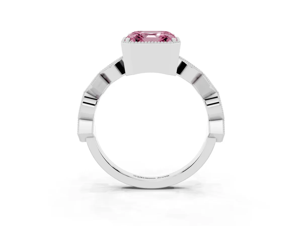 Fancy Pink Asscher Cut Milgrain Marquise Diamond Twist Band Ring Silver