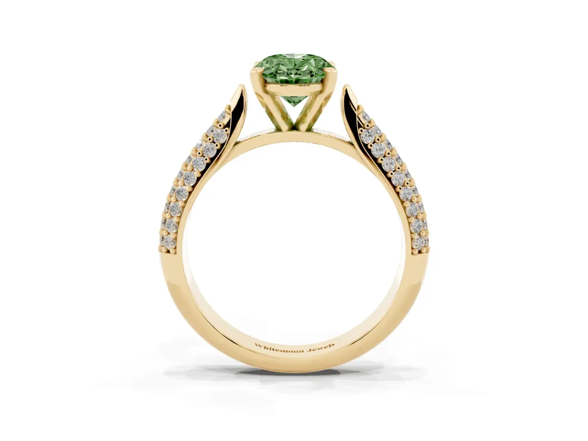 Fancy Green Oval Cut Diamond Solitaire Engagement Ring with Multi-Row Round Pavé Band and Prong Setting Yellow gold
