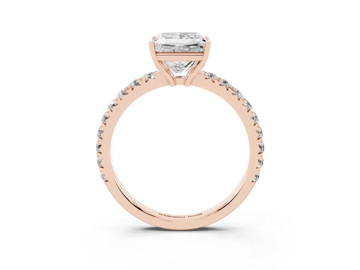 Princess Cut Diamond Pavé Solitaire Engagement Ring with Four-Prong Setting Rose gold