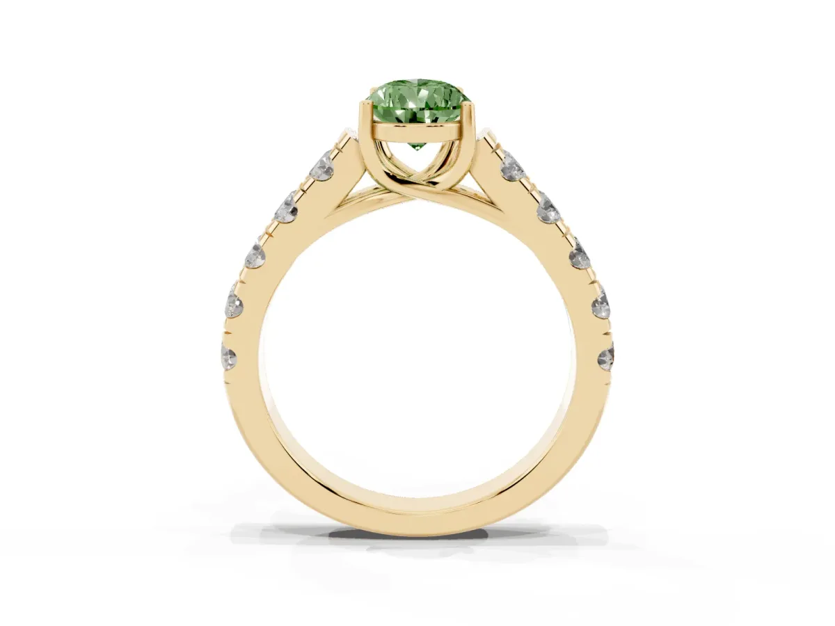 Fancy Green Pear Cut Cut Diamond Solitaire Ring with Micro Pave Band and Prong Setting Yellow gold