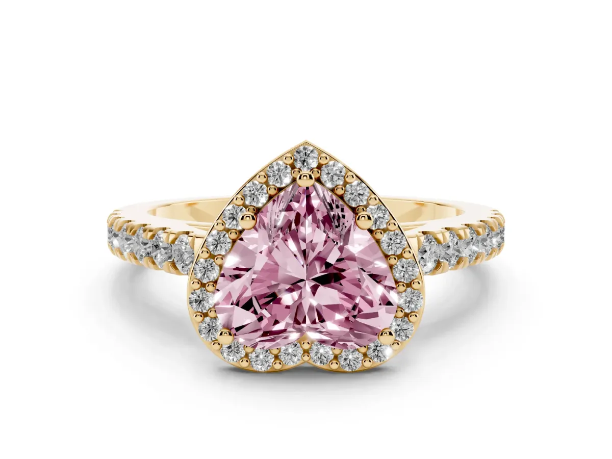 Fancy Pink Heart Cut Cut Halo Diamond Engagement Ring with Pave Band and Four-Prong Setting Yellow gold