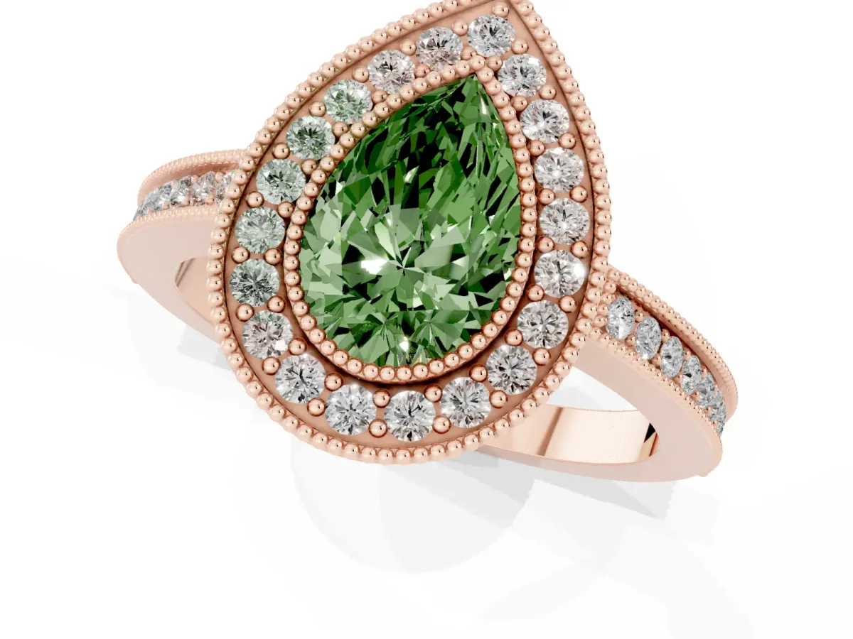 Fancy Green Pear Cut Cut Halo Diamond Ring with Pavé Band and Milgrain Prong Setting Rose gold