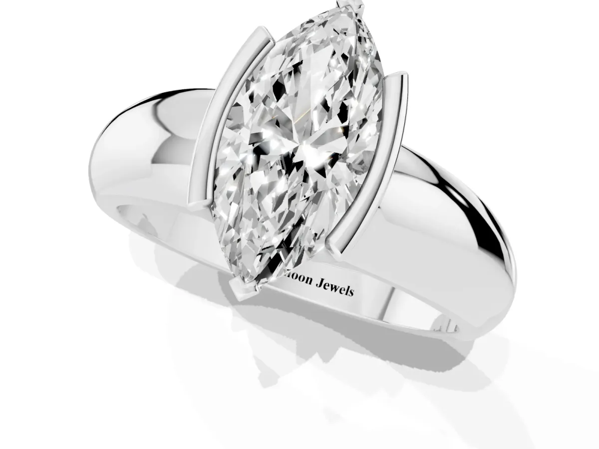 Marquise Cut Solitaire Tension Set Diamond Ring with Wide Band Silver