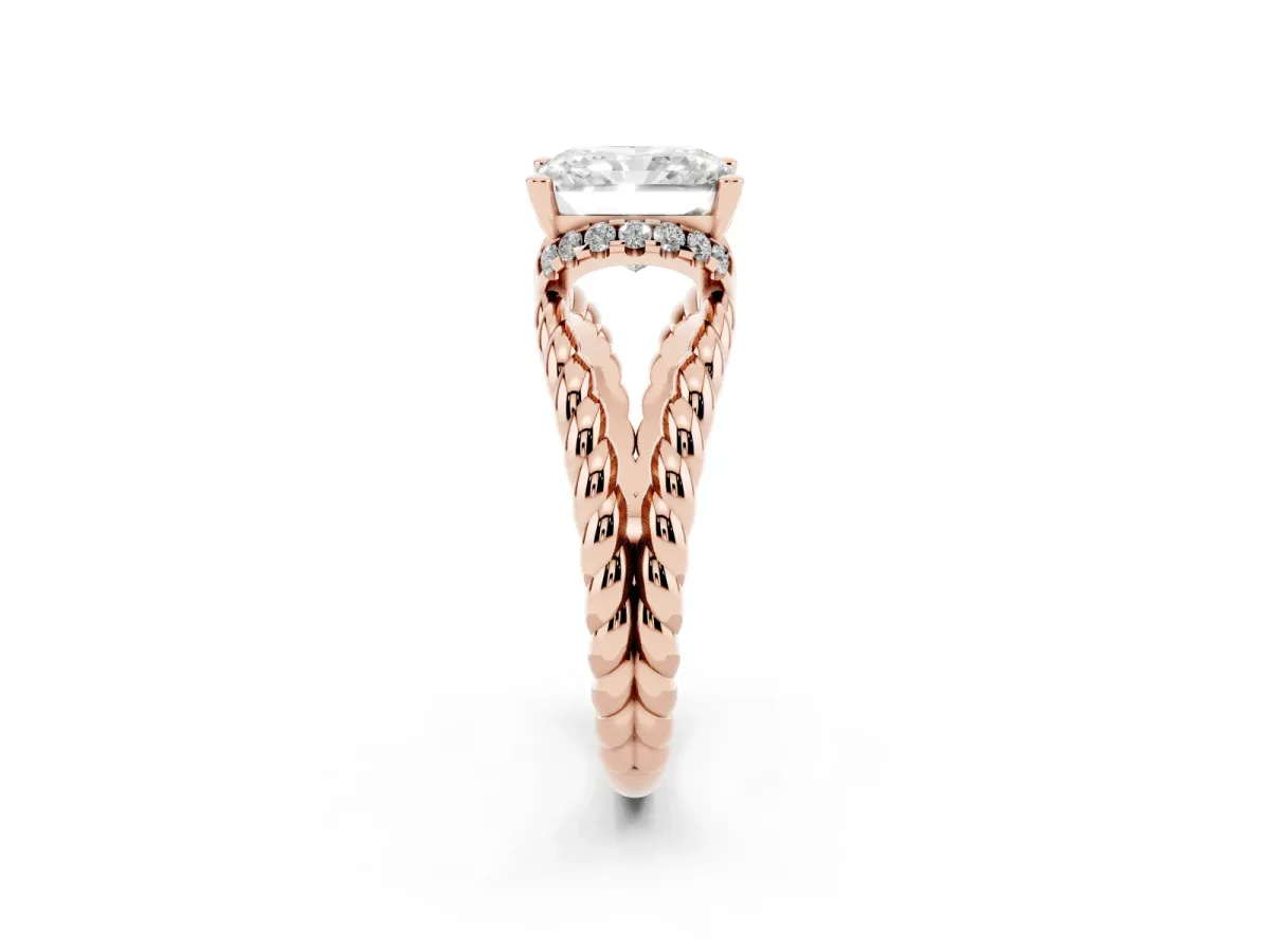 Radiant Cut Halo Twisted Band Four-Prong Ring Rose gold