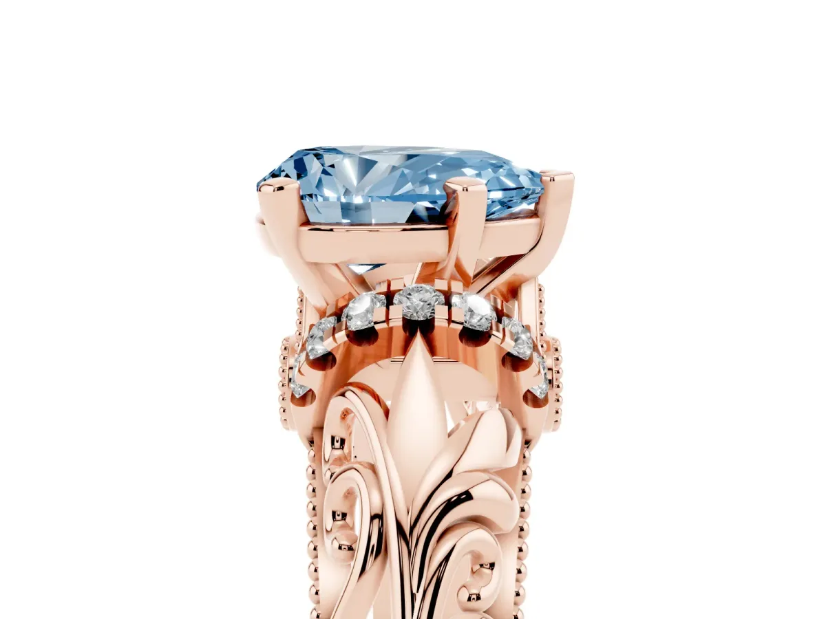 Fancy Blue Pear Cut Solitaire Filigree Engagement Ring with Halo and Prong Setting Rose gold