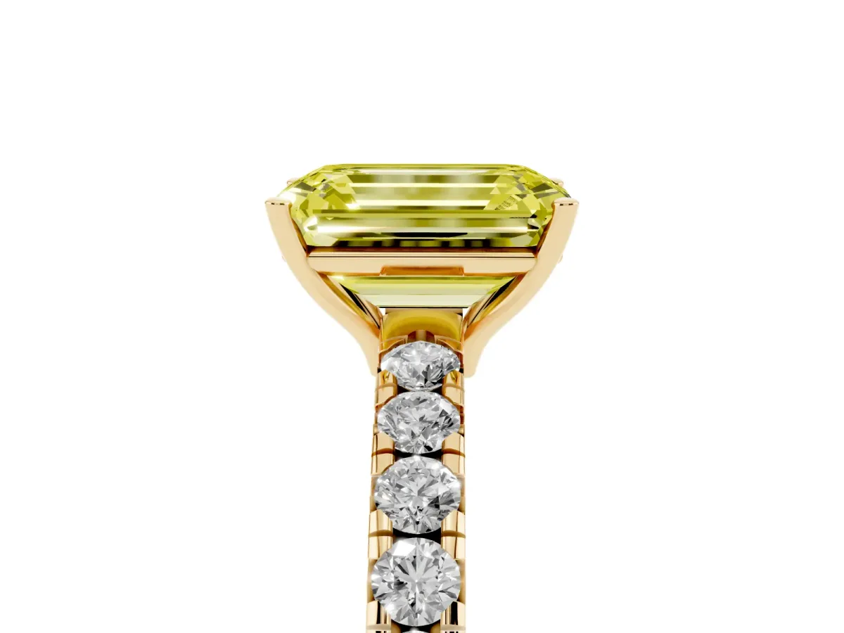 Fancy Yellow Emerald Cut Diamond Pavé Solitaire Engagement Ring with Four-Prong Setting Yellow gold