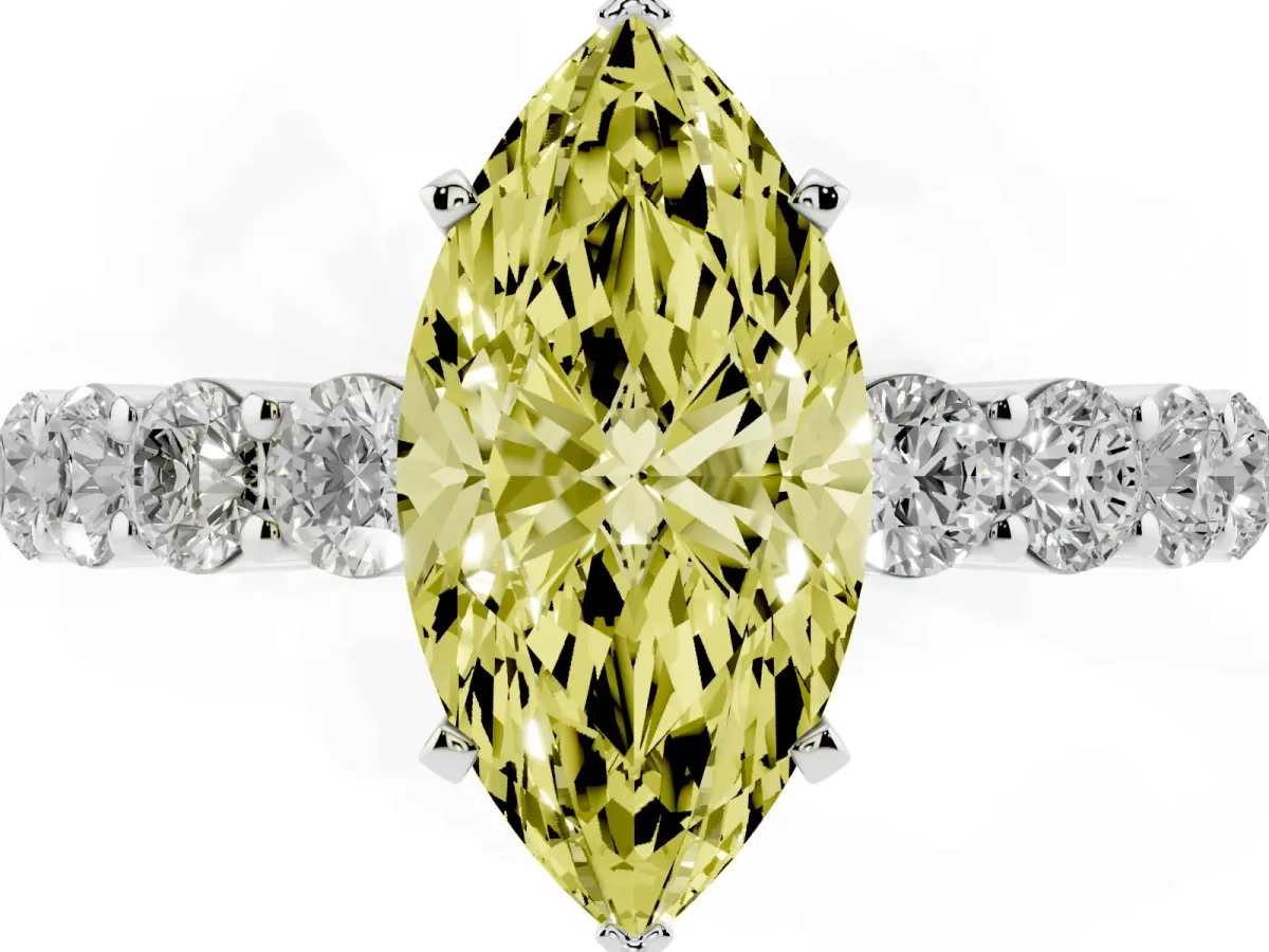Fancy Yellow Marquise Cut Diamond Solitaire Ring with Shared Prong Round Side Stones Silver