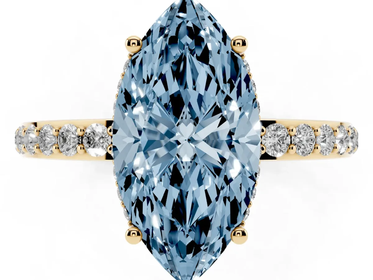 Fancy Blue Marquise Cut Diamond Solitaire Ring with Pavé Band and Hidden Halo Yellow gold