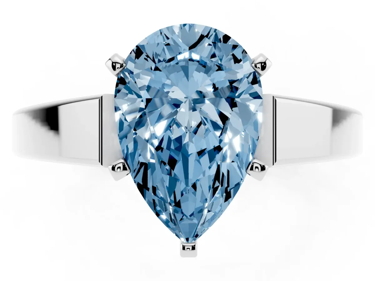 Fancy Blue Pear Cut Solitaire Engagement Ring with Four-Prong Setting and Tapered Band Platinum