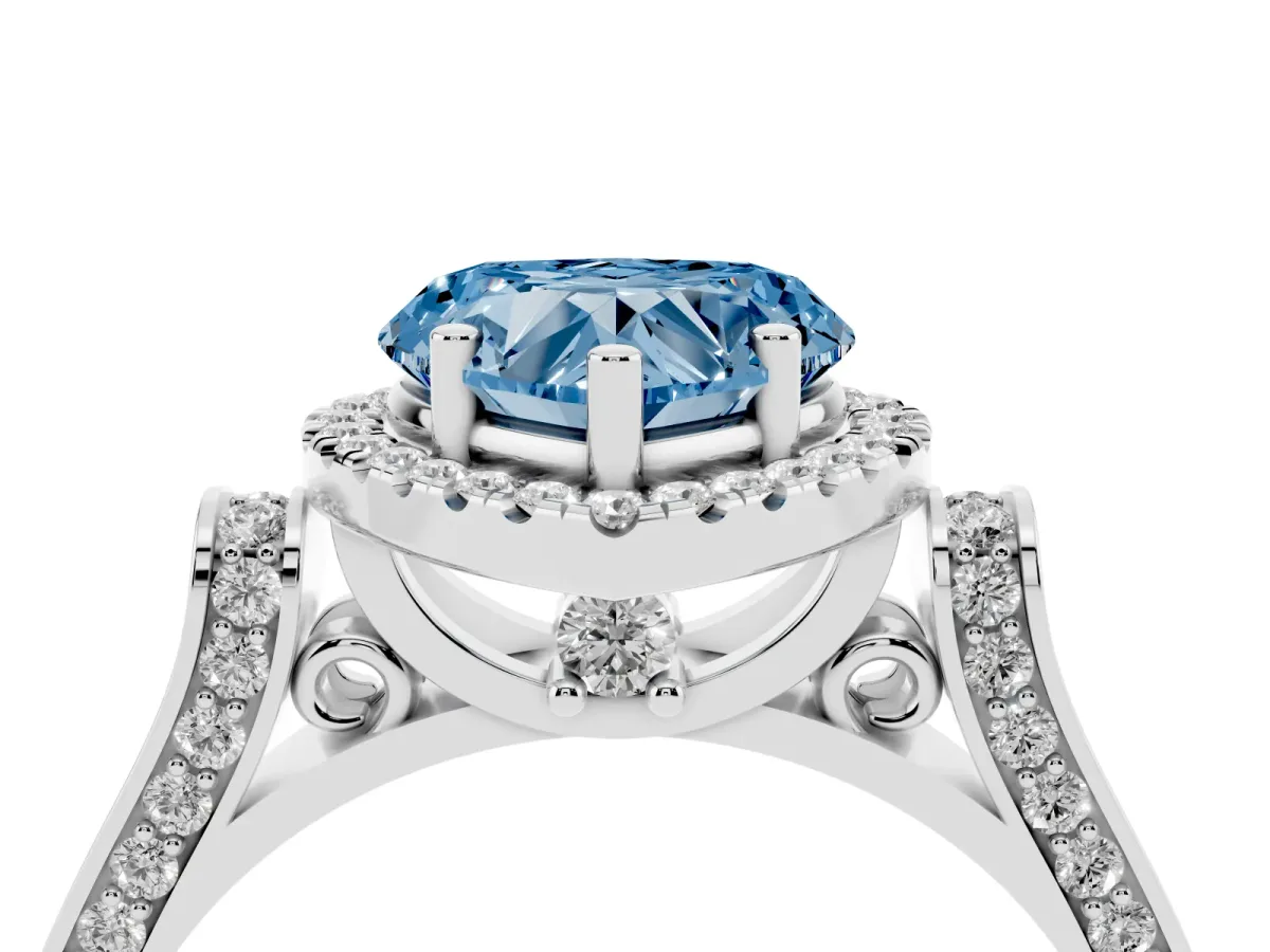Fancy Blue Heart Cut Halo Pave Split Shank Prong Setting Ring Platinum