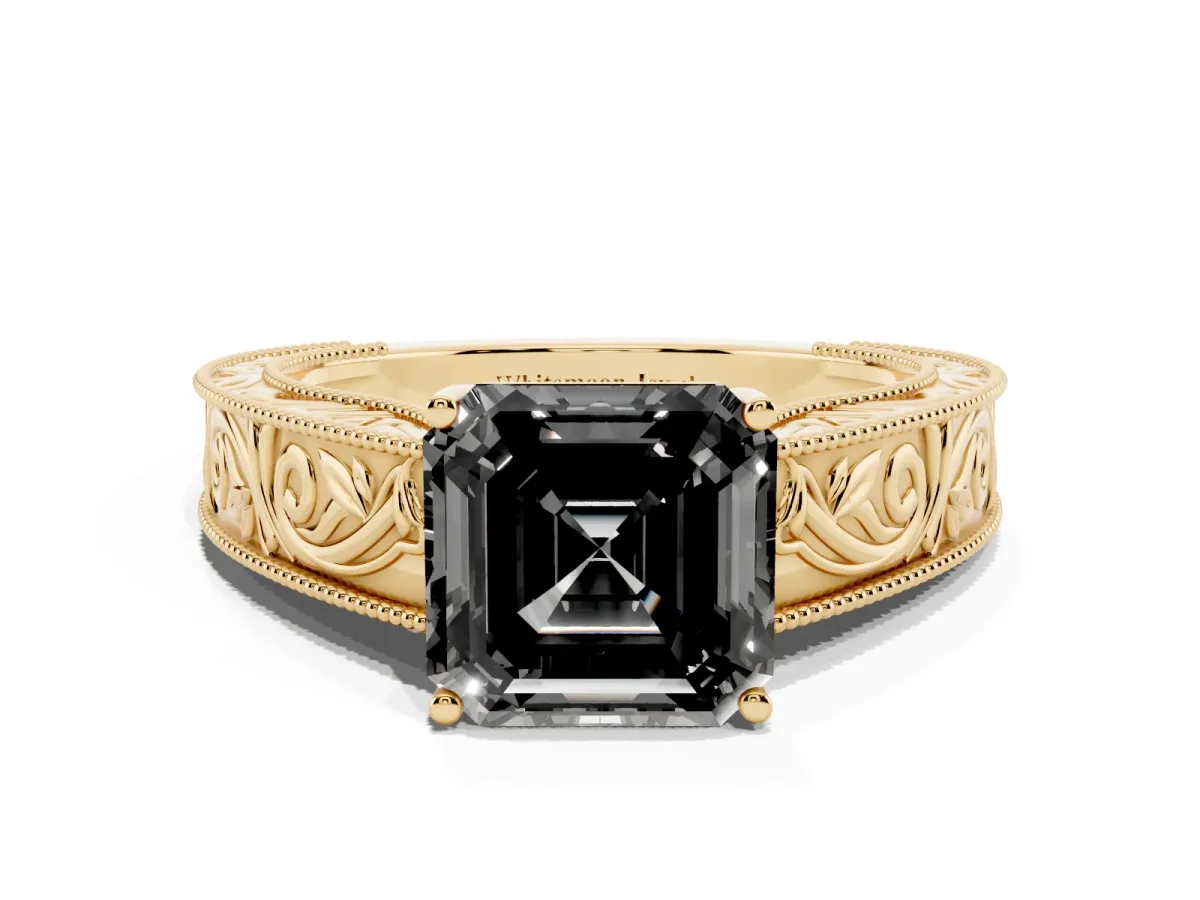Fancy Black Asscher Cut Diamond Solitaire Ring with Engraved Band and Four-Prong Setting Yellow gold