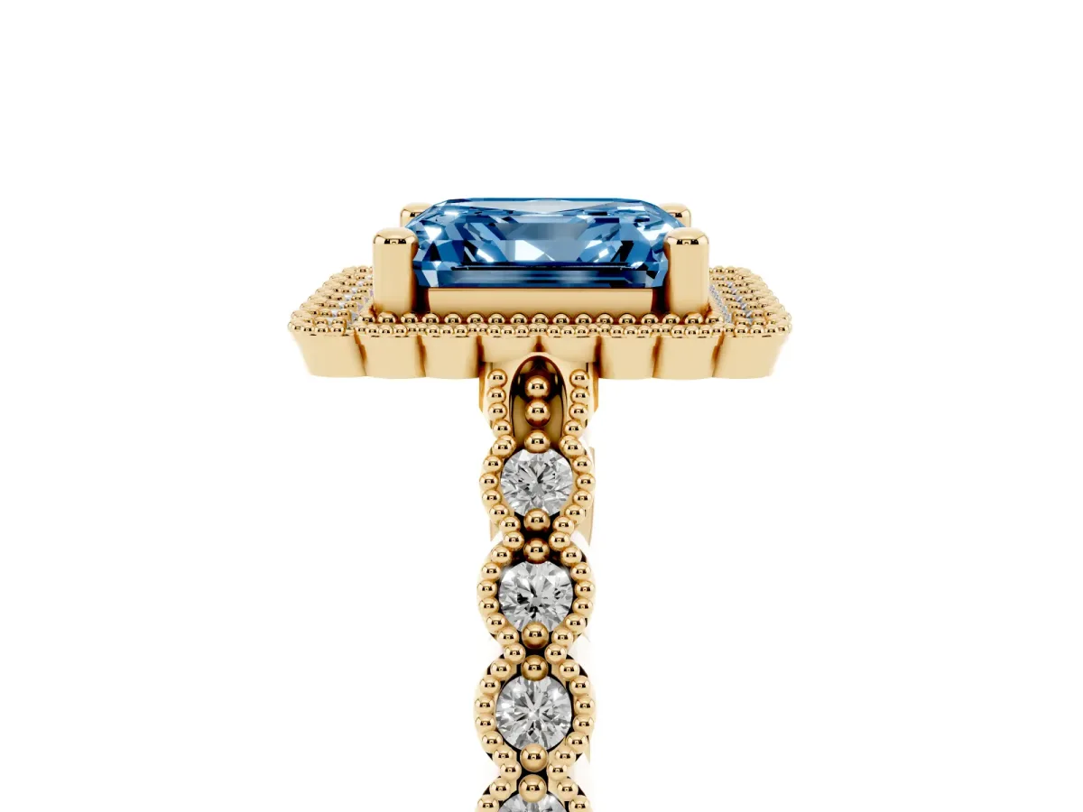 Fancy Blue Asscher Cut Cut Halo Pavé Solitaire Ring with Milgrain Band Yellow gold