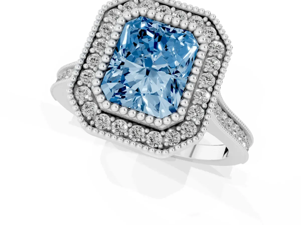 Fancy Blue Radiant Cut Diamond Halo Ring with Milgrain Frame and Pavé Band White gold