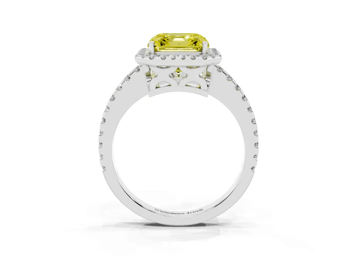 Fancy Yellow Asscher Cut Diamond Halo Engagement Ring with Pavé Band and Prong Setting White gold