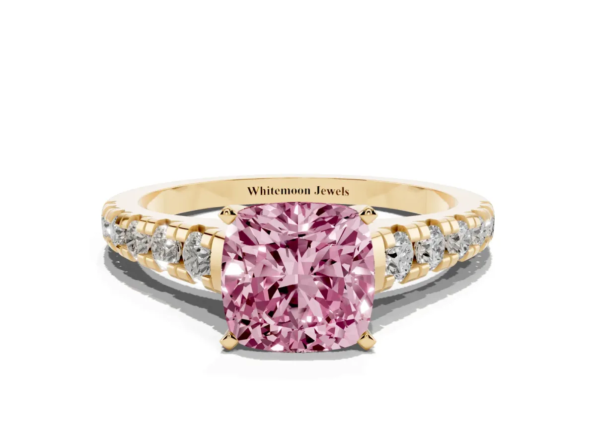 Fancy Pink Cushion Cut Diamond Cathedral Solitaire Ring with Round Pavé Band Yellow gold