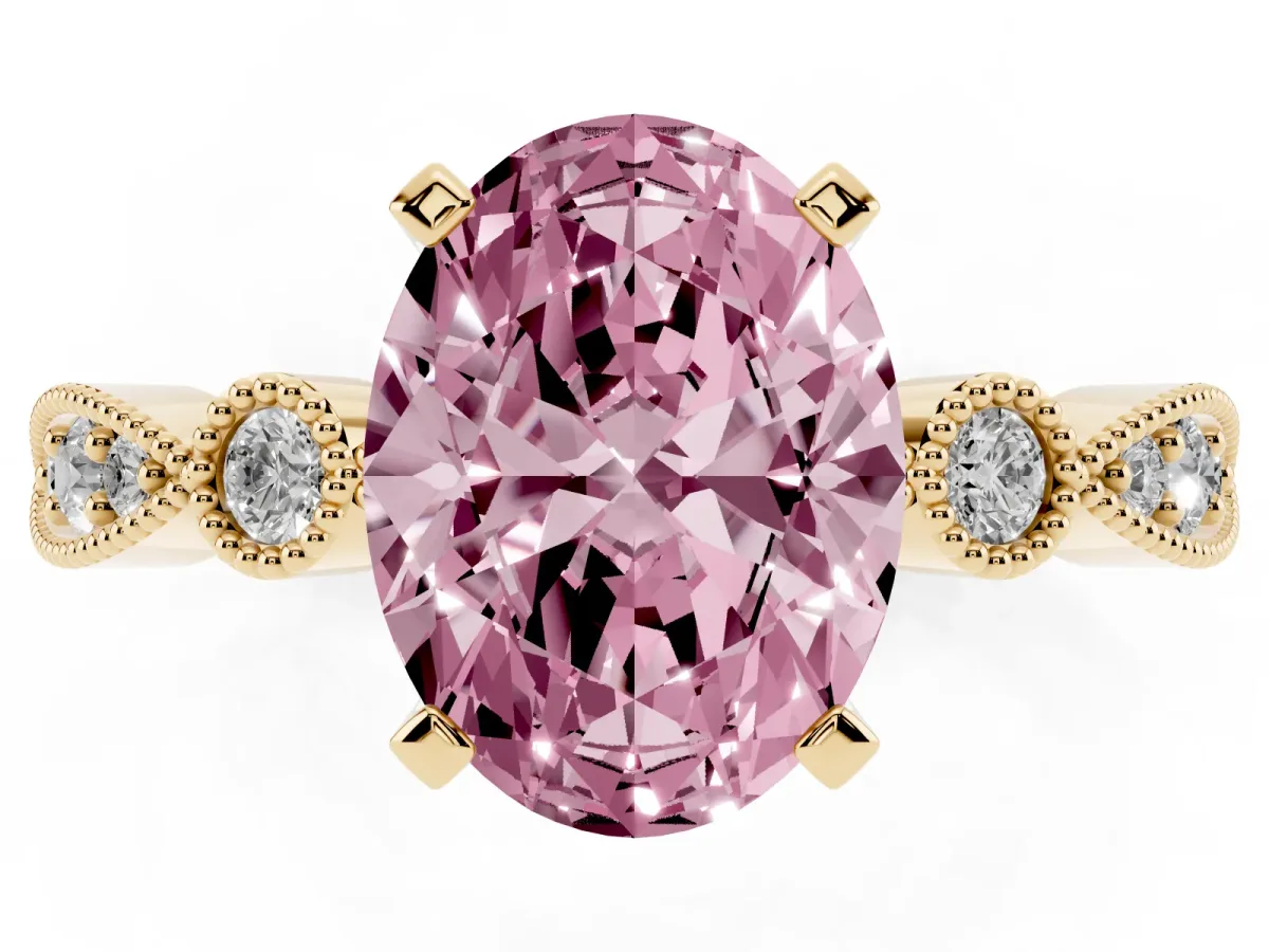 Fancy Pink Oval Cut Milgrain Bezel Diamond Engagement Ring with Solitaire Prong Setting Yellow gold