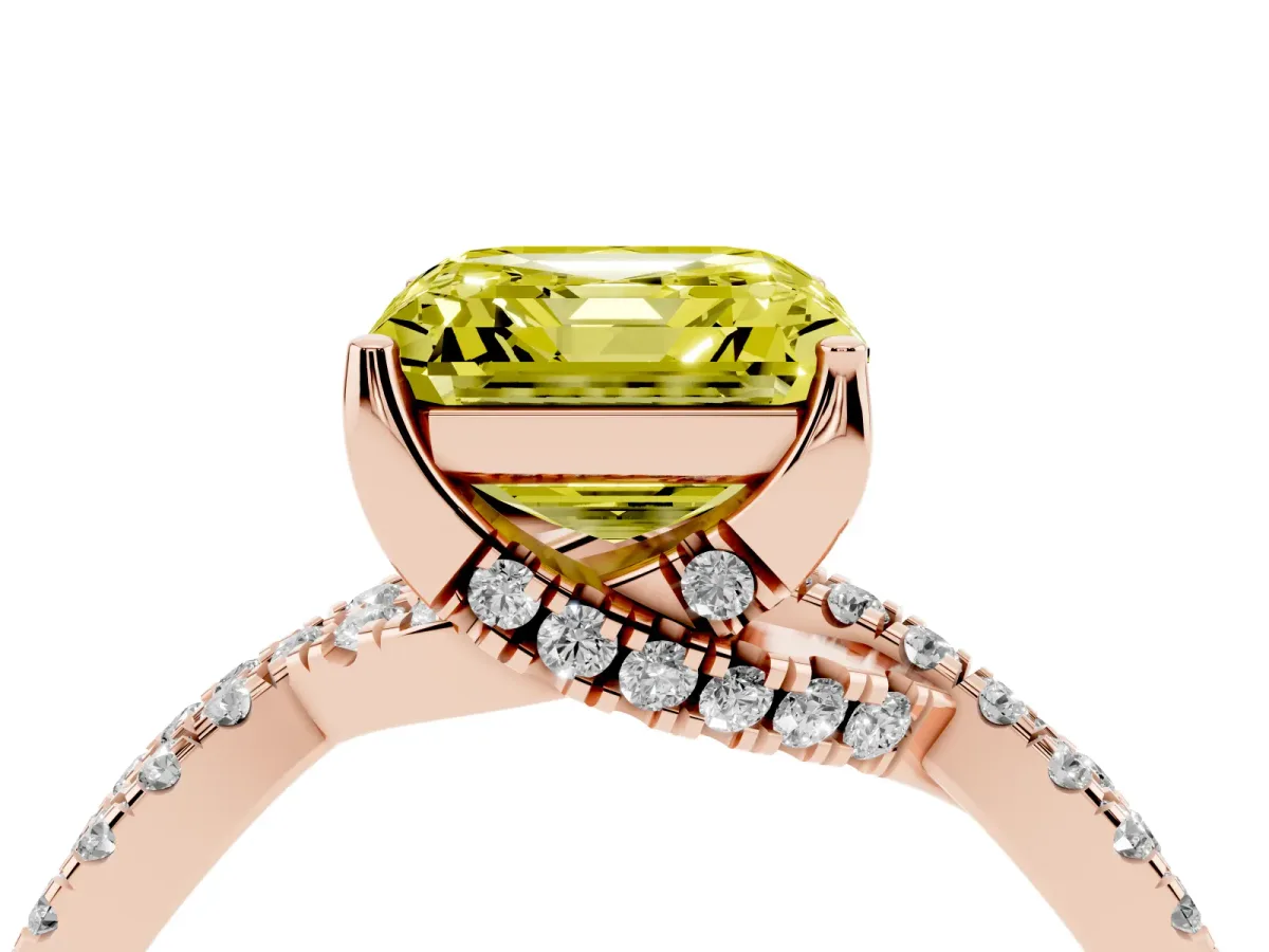 Fancy Yellow Asscher Cut Solitaire Twist Pave Diamond Engagement Ring with Prong Setting Rose gold