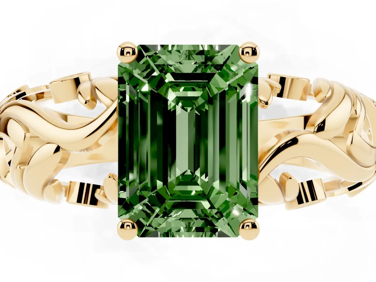 Fancy Green Emerald Cut Solitaire Diamond Leaf-Inspired Vine Band Ring with Prong Setting Yellow gold