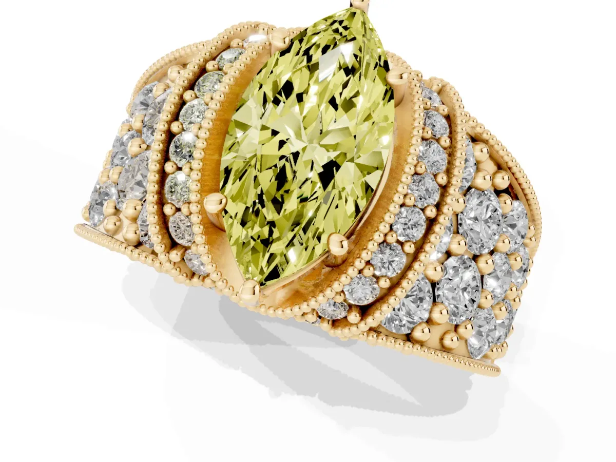 Fancy Yellow Marquise Cut Halo Pave Diamond Engagement Ring with Milgrain Detailing Yellow gold
