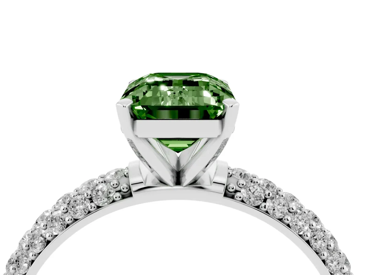 Fancy Green Emerald Cut Diamond Solitaire Ring with Prong Setting and Pavé Band Silver