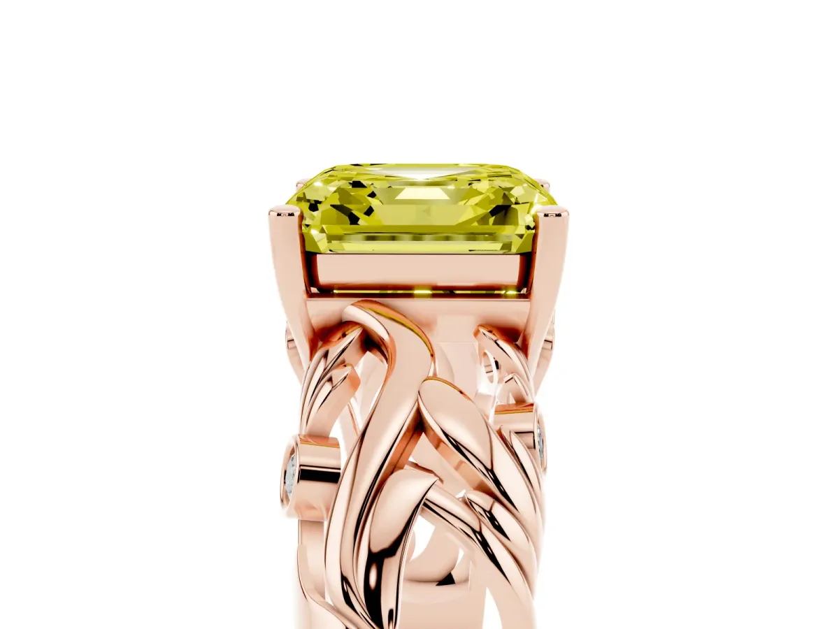 Fancy Yellow Asscher Cut Solitaire Diamond Leaf-Inspired Vine Band Ring with Prong Setting Rose gold