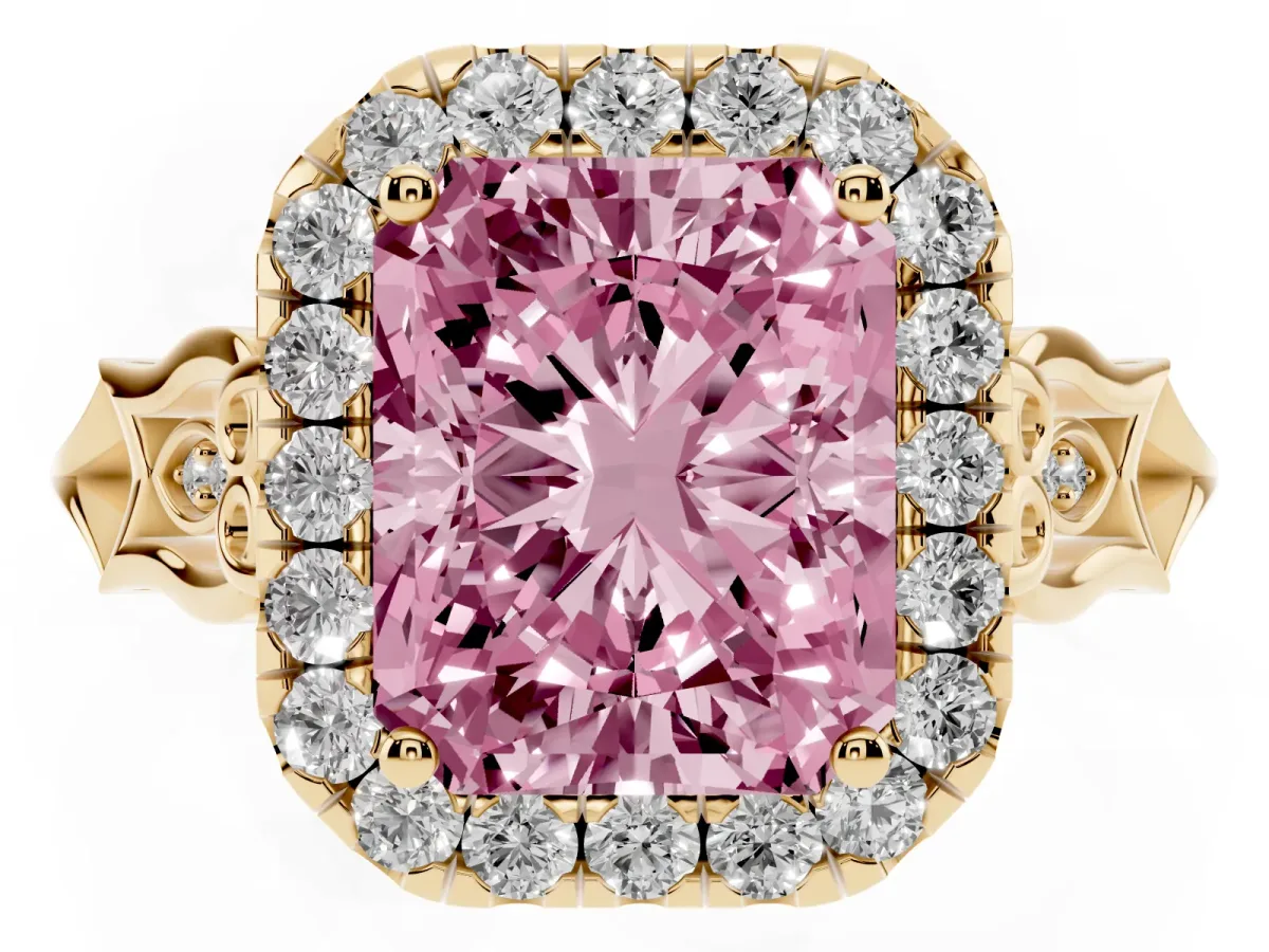 Fancy Pink Radiant Cut Halo Diamond Engagement Ring with Filigree Band and Four-Prong Setting Yellow gold
