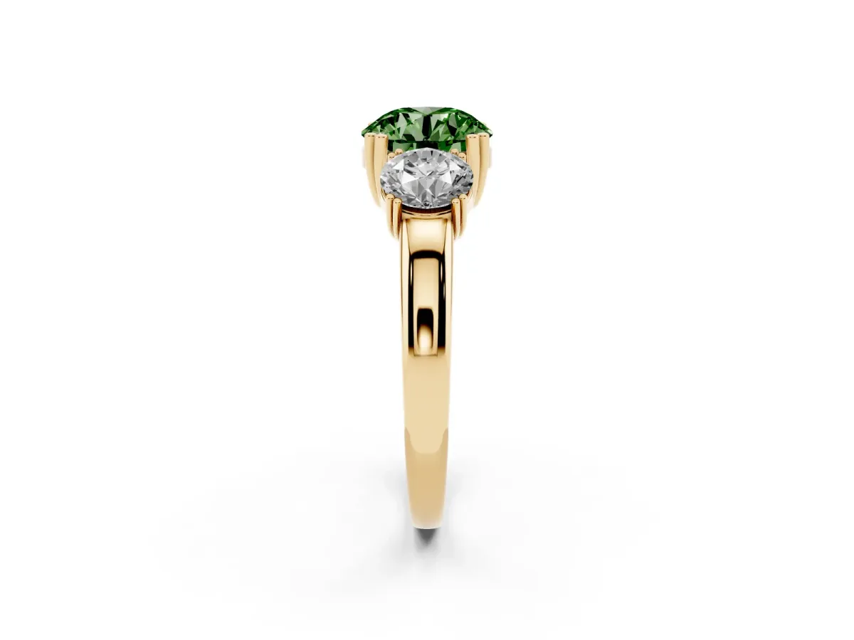 Fancy Green Three-Stone Round Cut Cut Diamond Ring with Channel Set Band and Four-Prong Setting Yellow gold