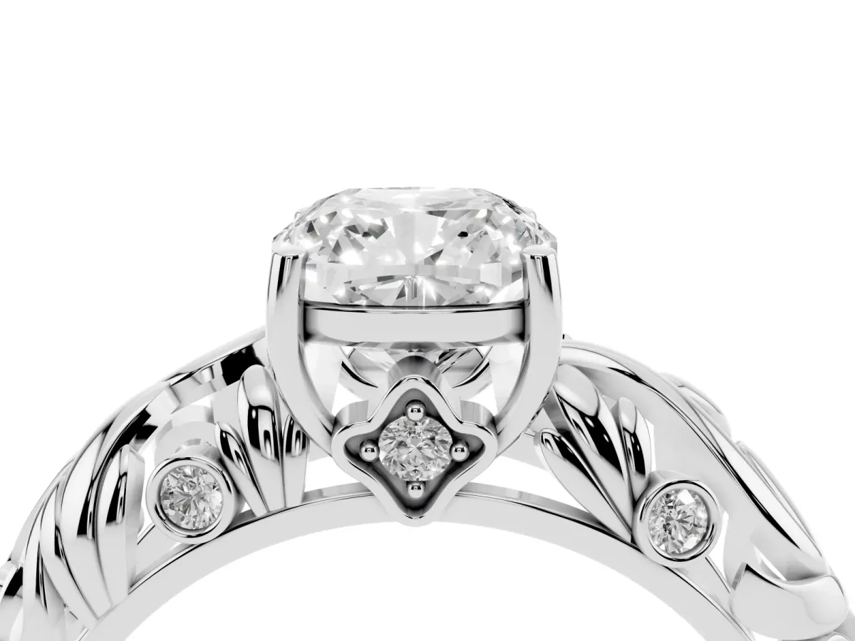 Cushion Cut Solitaire Diamond Leaf-Inspired Vine Band Ring with Prong Setting Platinum