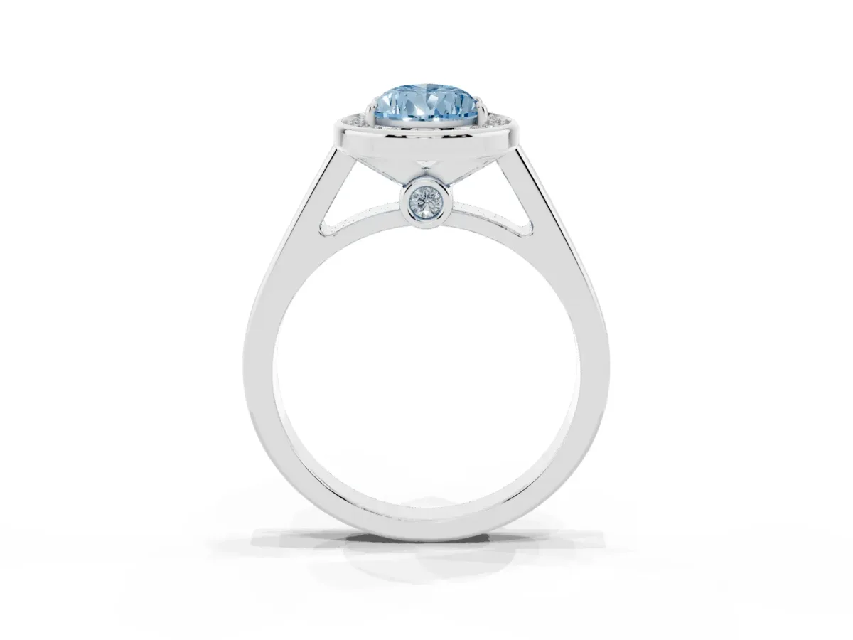 Fancy Blue Pear Cut Halo Solitaire Diamond Ring with Pave Band and Bezel Setting Silver