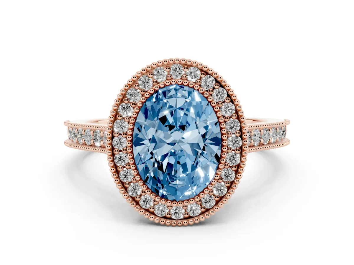 Fancy Blue Halo Oval Cut-Cut Diamond Pave Band Milgrain Prong Setting Ring Rose gold